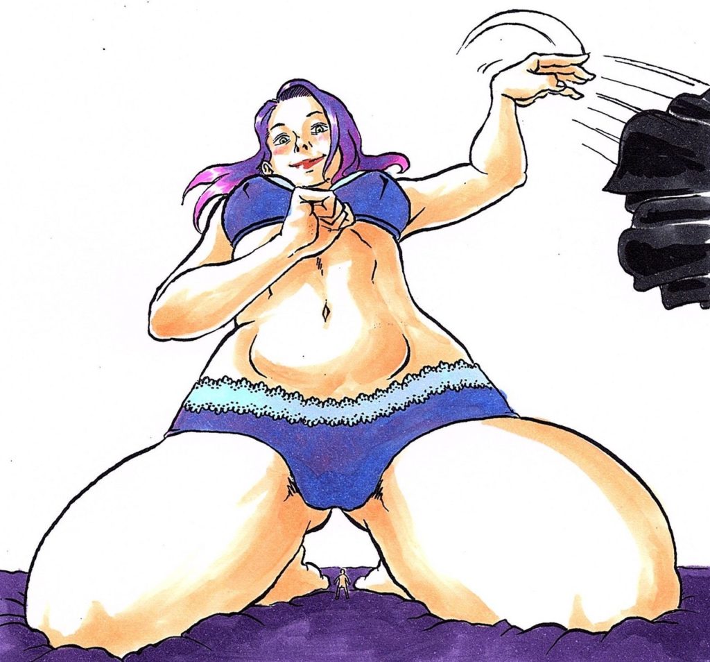 A color illustration of a woman in a blue bra and panties with blue-purple hair, who is throwing a piece of clothing to the side as if she has just removed it. The image is drawn from a low perspective, highlighting the small figure of a tiny person, roughly a centimeter tall, between the kneeling thighs of the woman.