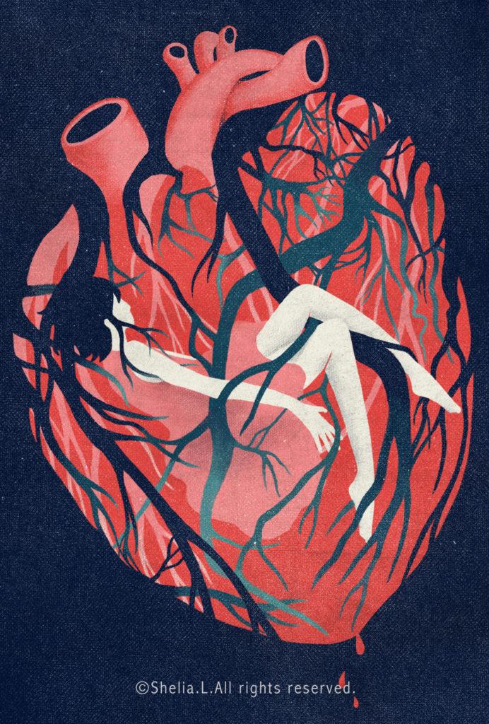 A small, pale human figure is shown reclining in a red and pink anatomical depiction of a heart. Veins, arteries, and capillaries twine around the tiny person's arms and legs like tree roots. Artwork credit to Shelia Liu.