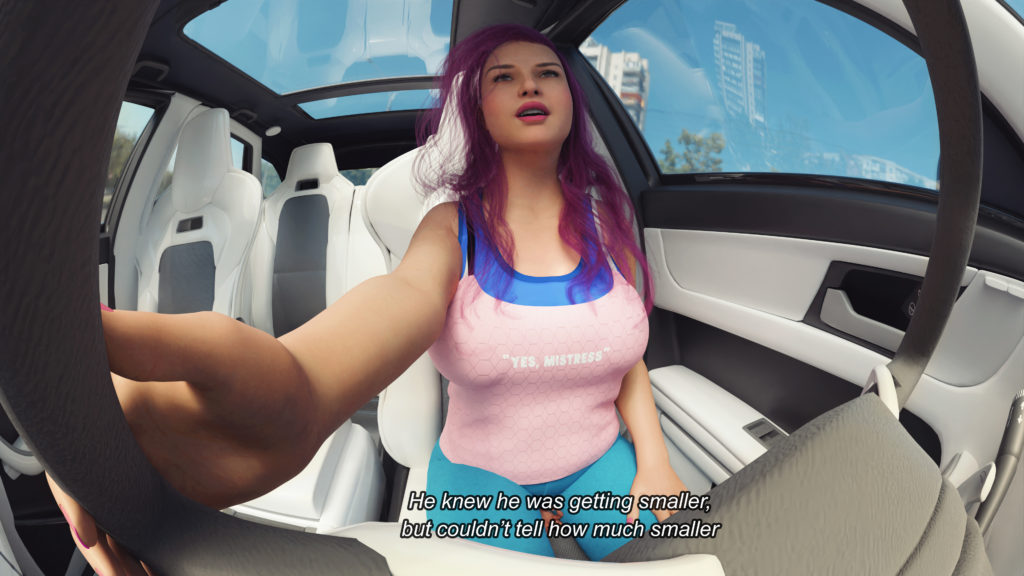 Image 3 of 4. Digital render art of a woman who's driving a car, with a tiny man trapped beneath her. It's a third angle, focused on her with her pink hair, blue sports bra, and the words "Yes, Mistress" written across her breasts on her shirt. Text reads "He knew he was getting smaller, but he couldn't tell how much smaller." The image is an extreme angle view from the perspective of the steering wheel. Created by Giantess Tina.