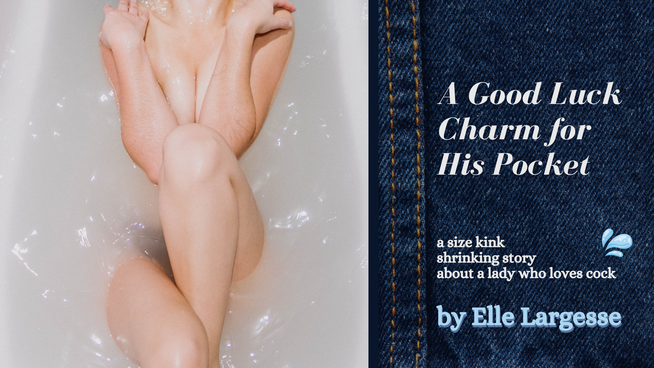 A woman reclines in milky white bath water, her hands on her shoulders pushing her breasts into cleavage, and her legs crossed alluringly. To the right, text over denim reads A Good Luck Charm for His Pocket, a size kink shrinking story about a lady who loves cock, by Elle Largesse. There's a water droplet emoji above "cock." Image credit to Rodolfo Sanches Carvalho.