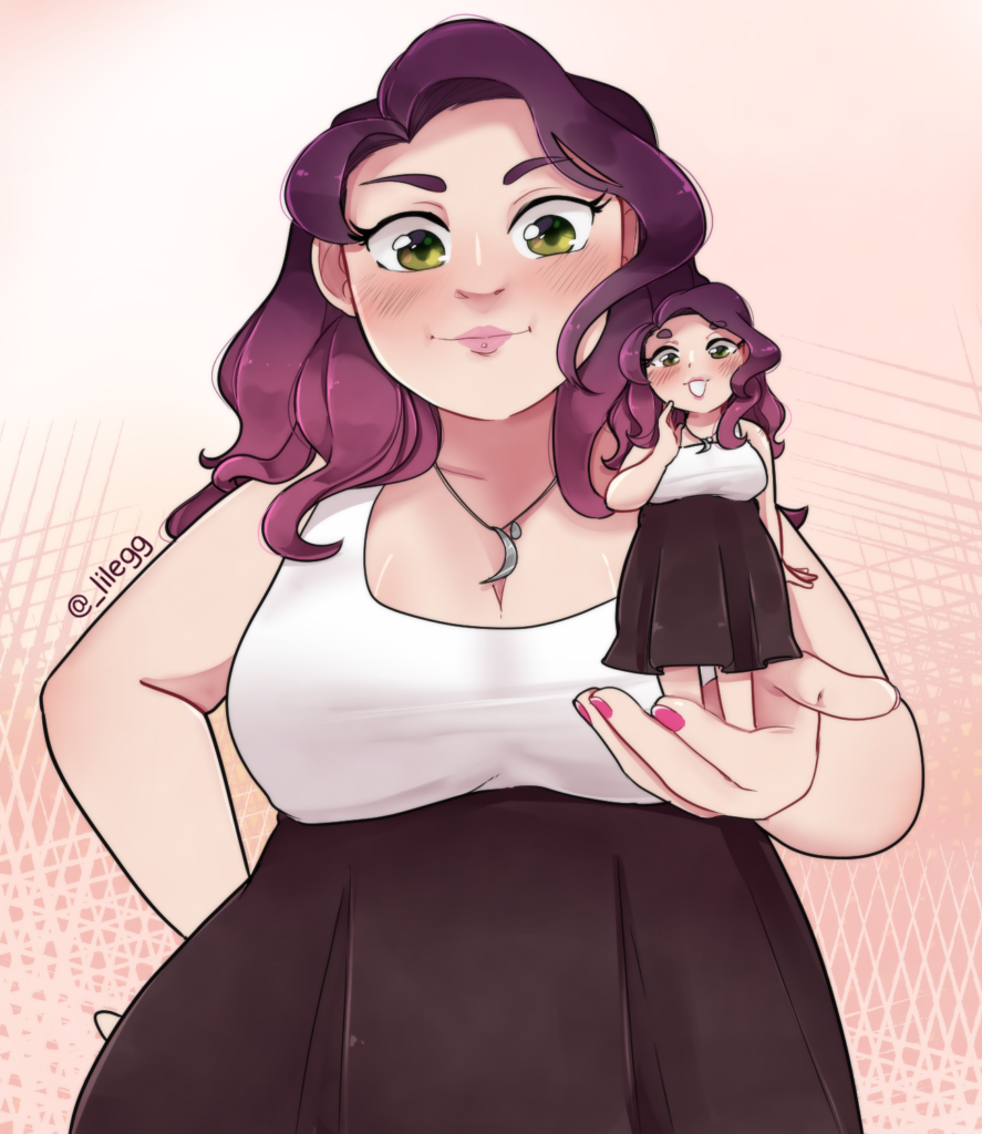 Avatar of Elle Largesse at two different sizes, art by @_lilegg. She's got pink wavy hair, pale skin, and a fuller figure. She's wearing a busty white tank top, black skirt, and crescent moon necklace. She's also holding a smaller Elle in her palm.