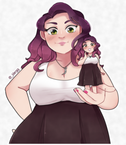 Avatar of Elle as a Giantess and a tiny, with purple hair in a white top and black skirt. Art by Lady Egg.