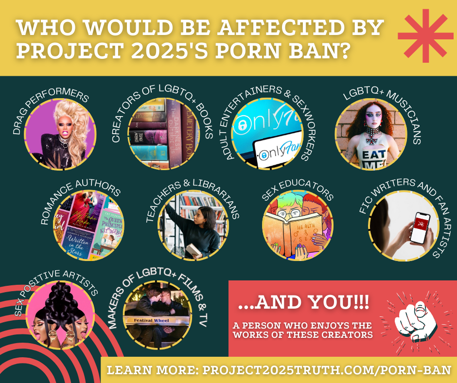 Infographic titled Who would be affected by Project 2025’s Porn Ban? Labeled bubbles answer the question. Drag Performers (with a picture of RuPaul). Creators of LGBTQ+ Books (picture of LGBTQ+ book stack). Adult Entertainers and Sex Workers (picture of a computer open to OnlyFans). LGBTQ+ Musicians (picture of Chappell Roan), Romance Authors (collage of romance books). Teachers and Librarians (picture of a young woman librarian putting a book on a shelf). Sex Educators (Cartoon of three children reading a health book). Fic Writers and Fan Artists (picture of someone holding a smart phone open to AO3 Homepage). Sex Positive Artists (picture of Cardi B and Megan Thee Stallion on WAP cover). Makers of LGBTQ+ movies (screenshot from Love Simon). Caption “...and you!!! A person who enjoys the works of these creators.” Project 2025 Truth dot com slash porn dash ban. Link to image Infographic. The Republicans want to ban all porn. You may be surprised how they define that. Underneath, cover art for three teen friendly sex-ed books teens: It’s Perfectly Normal, Sex Education for Teens, and Welcome to Sex! At the bottom, text reads, "The book ban has already begun in Florida. Stop it with your vote in November." Project 2025 Truth dot com slash book hyphen ban.