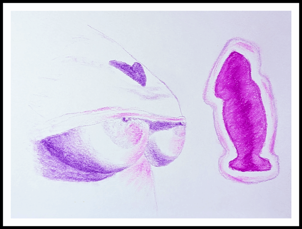 A drawing in soft pastels using purple and pink, showing DD-cup breasts from the side, with nipples peeking out from beneath a white crop top t-shirt that has a purple heart on it. These are lit with pink highlights from a large glowing sex toy on the right side. It is a bright pink pussy plug with a long rounded head, thick girth, and small base. Copyright to Elle Largesse, do not use without permission.