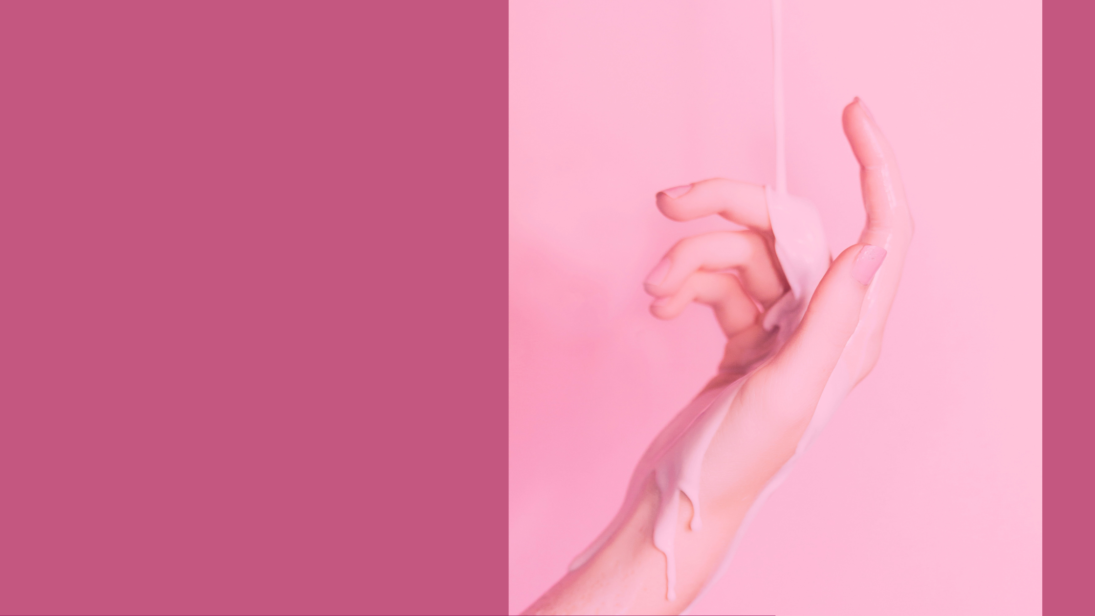Banner in two shades of soft pink with a photo of a pale hand drizzled with drippy white lotion. Photo by Ian Dooley on Unsplash.